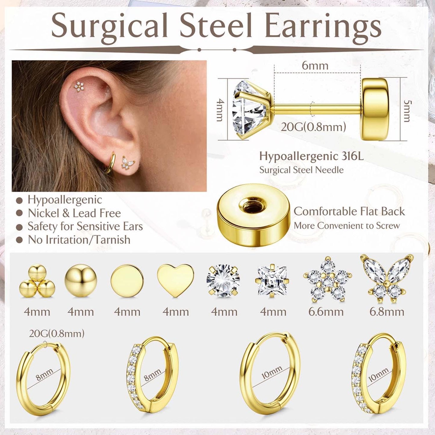 Jstyle 14K Gold Hypoallergenic Surgical Steel Earrings for Sensitive Ears - Flat Back Stud & Hoop Cartilage Earring Set for Women & Men, Multiple Piercing Infinite variety