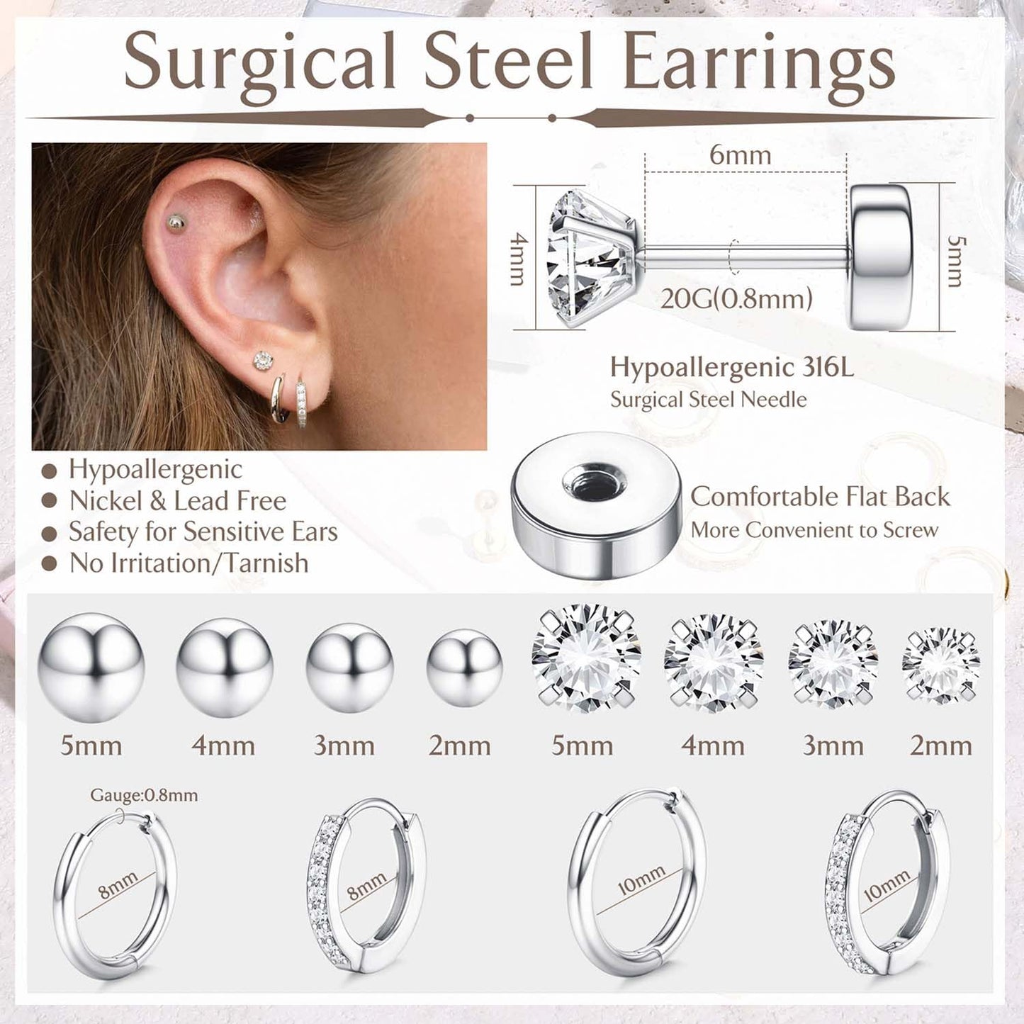 Jstyle 14K Gold Hypoallergenic Surgical Steel Earrings for Sensitive Ears - Flat Back Stud & Hoop Cartilage Earring Set for Women & Men, Multiple Piercing Infinite variety