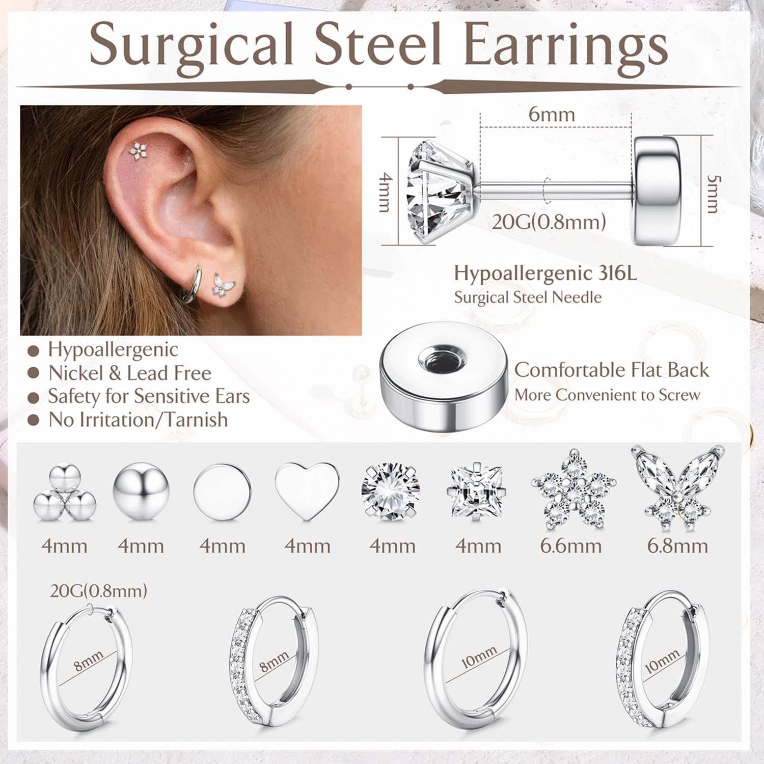 Jstyle 14K Gold Hypoallergenic Surgical Steel Earrings for Sensitive Ears - Flat Back Stud & Hoop Cartilage Earring Set for Women & Men, Multiple Piercing Infinite variety