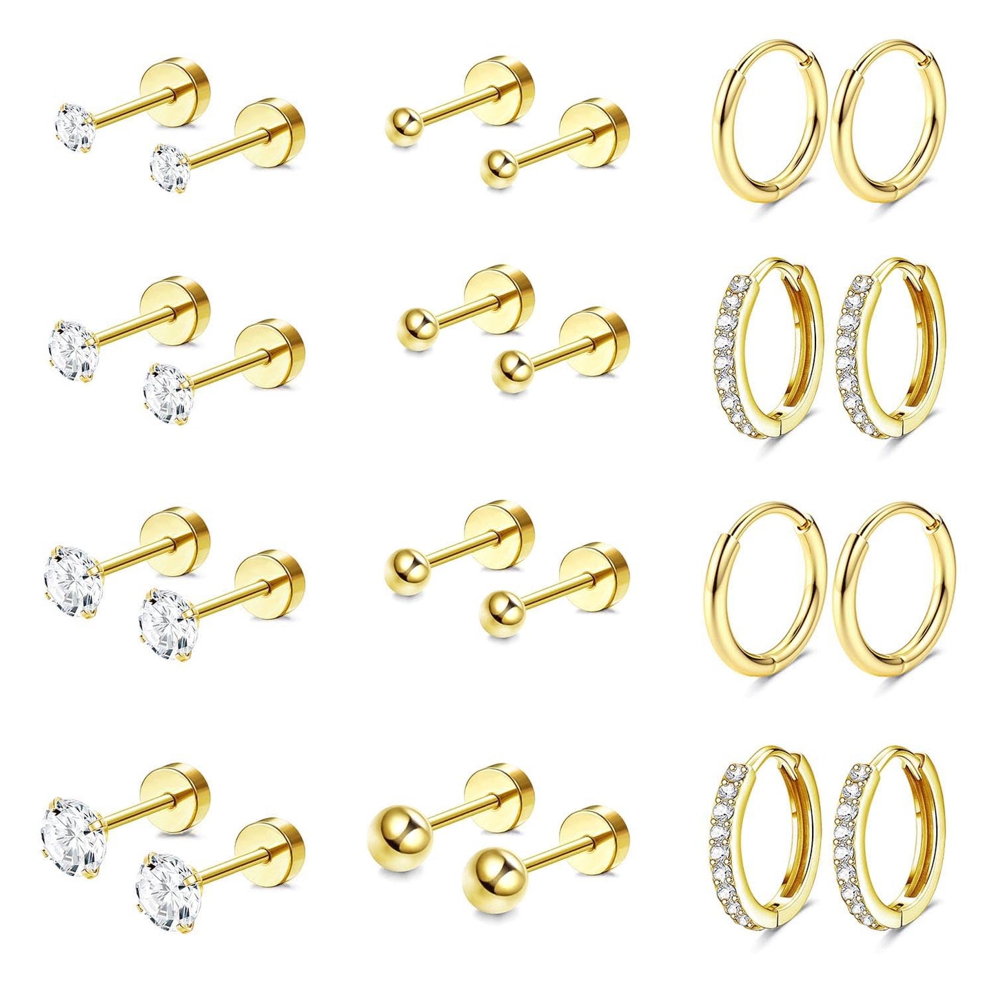 Jstyle Hypoallergenic Surgical Steel Earrings for Sensitive Ears 14K Gold Flat Back Earrings for Women Men Small Stainless Steel Earrings Flatback Stud Hoop Cartilage Earring Set for Multiple Piercing Infinite variety