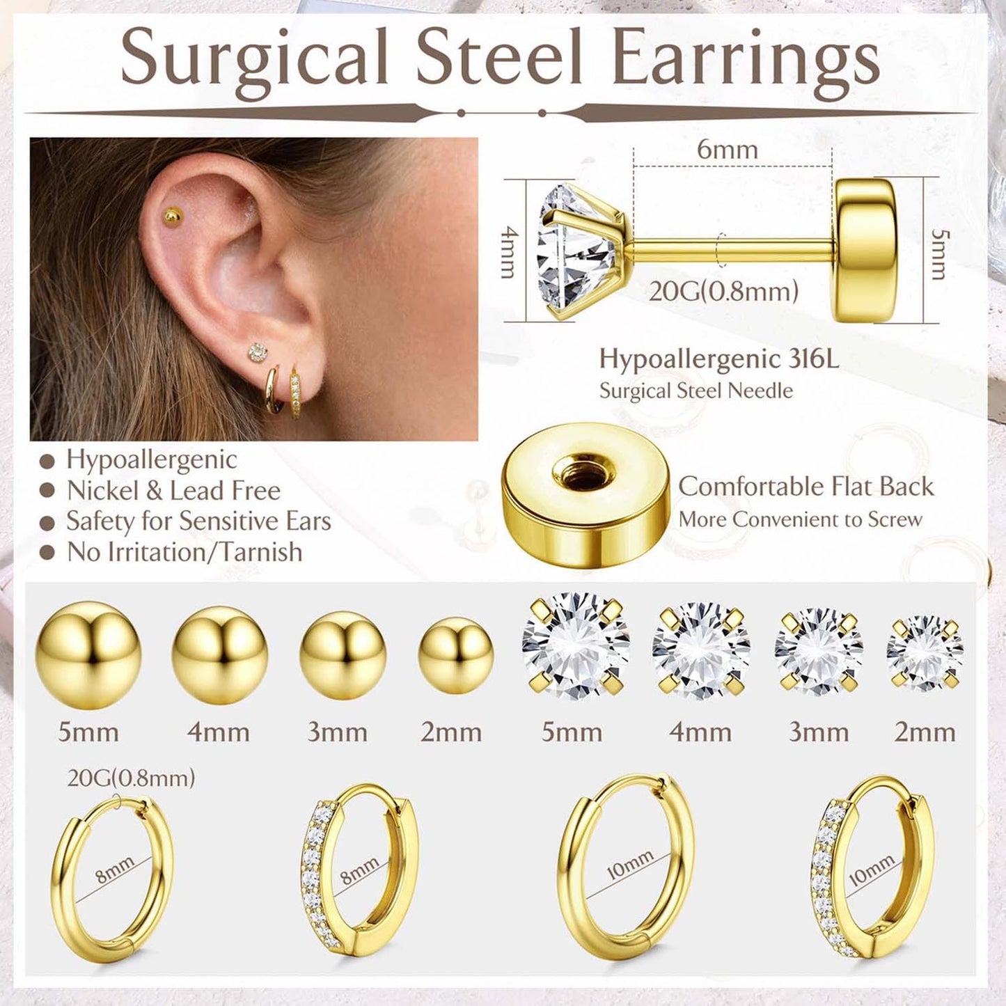 Jstyle 14K Gold Hypoallergenic Surgical Steel Earrings for Sensitive Ears - Flat Back Stud & Hoop Cartilage Earring Set for Women & Men, Multiple Piercing Infinite variety