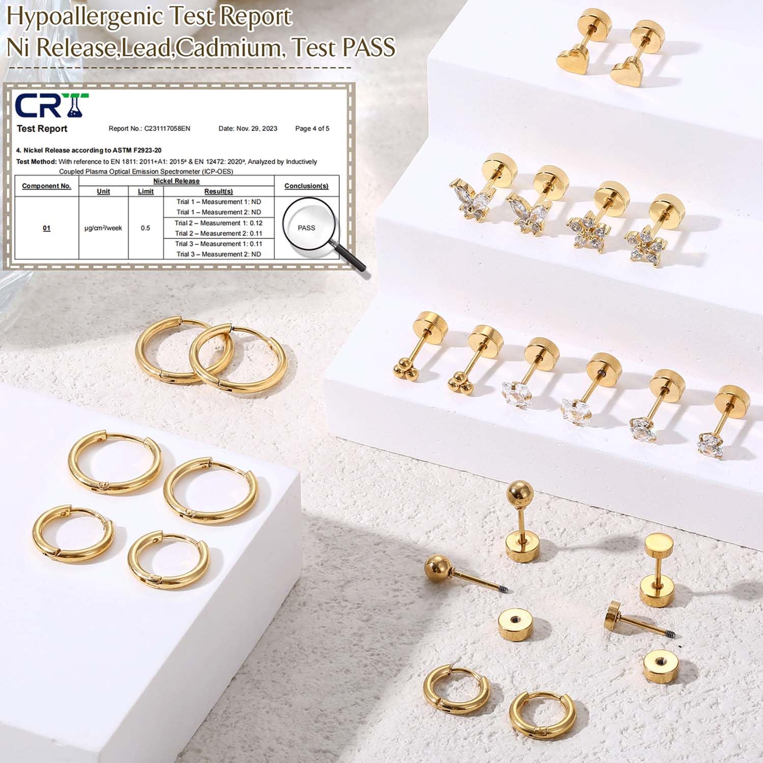 Jstyle 14K Gold Hypoallergenic Surgical Steel Earrings for Sensitive Ears - Flat Back Stud & Hoop Cartilage Earring Set for Women & Men, Multiple Piercing Infinite variety