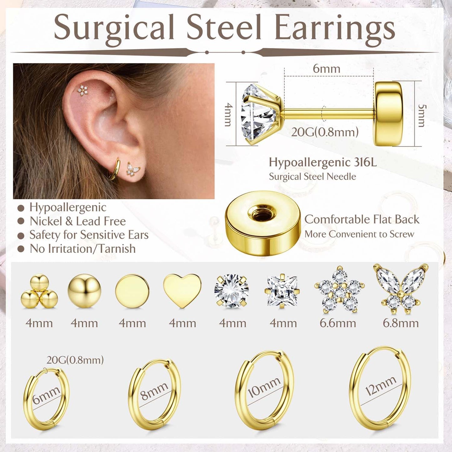 Jstyle 14K Gold Hypoallergenic Surgical Steel Earrings for Sensitive Ears - Flat Back Stud & Hoop Cartilage Earring Set for Women & Men, Multiple Piercing Infinite variety