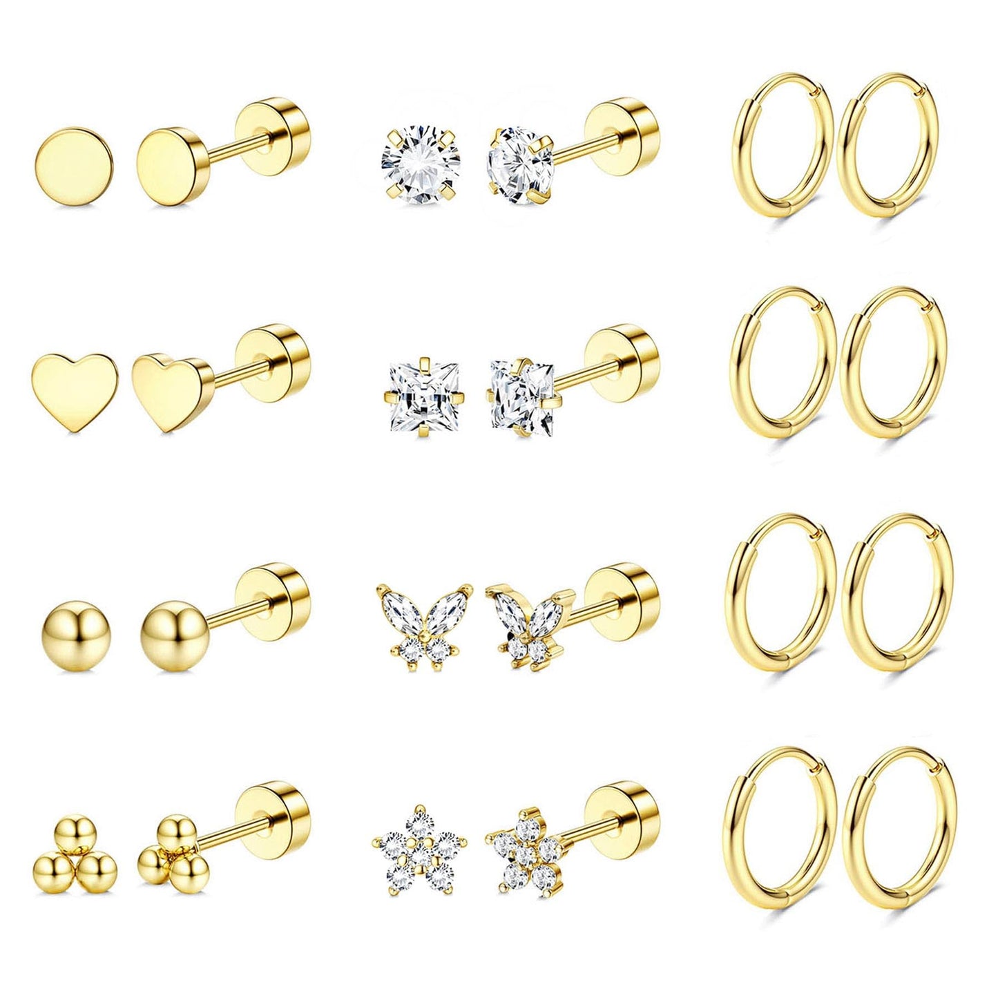 Jstyle 14K Gold Hypoallergenic Surgical Steel Earrings for Sensitive Ears - Flat Back Stud & Hoop Cartilage Earring Set for Women & Men, Multiple Piercing Infinite variety