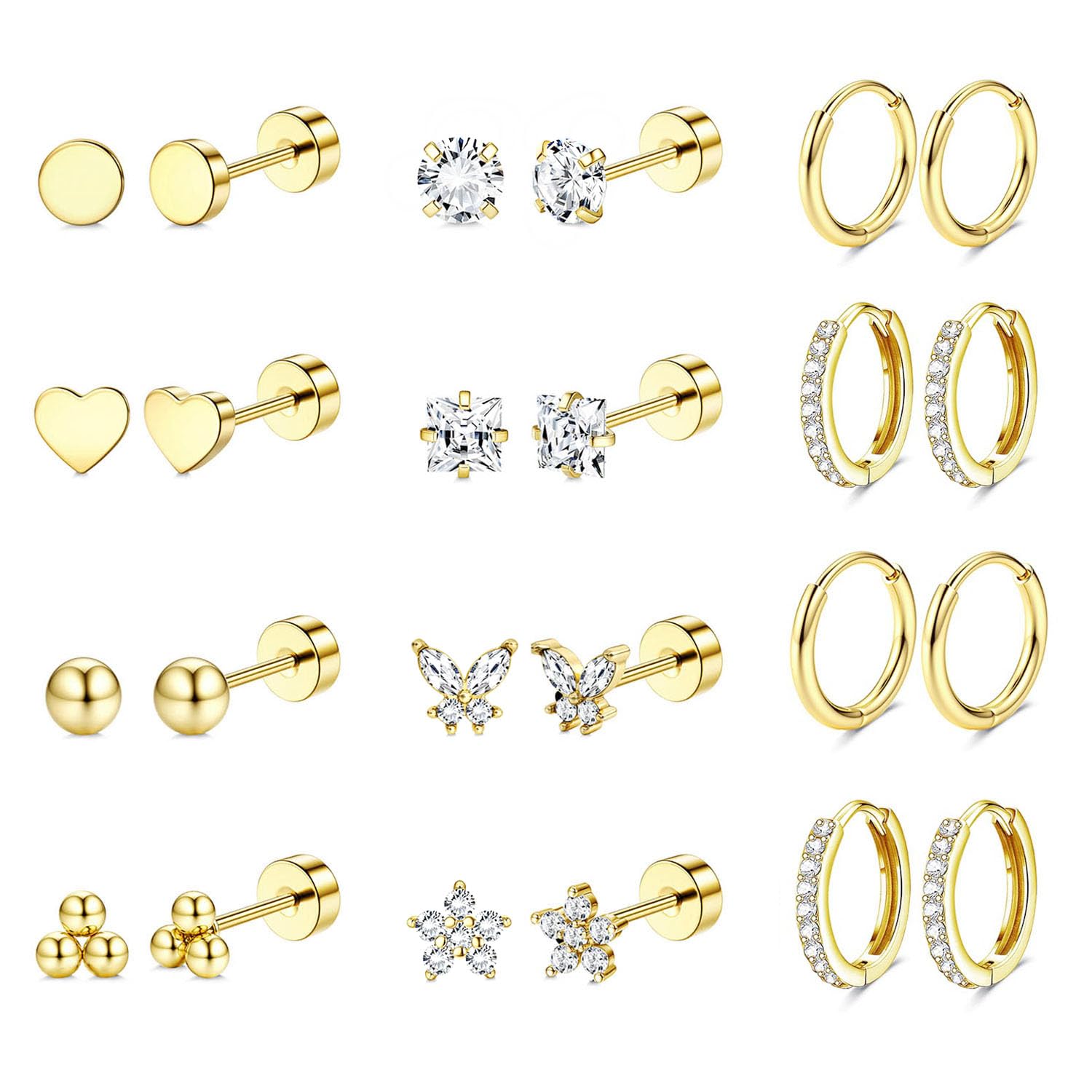 Jstyle 14K Gold Hypoallergenic Surgical Steel Earrings for Sensitive Ears - Flat Back Stud & Hoop Cartilage Earring Set for Women & Men, Multiple Piercing Infinite variety