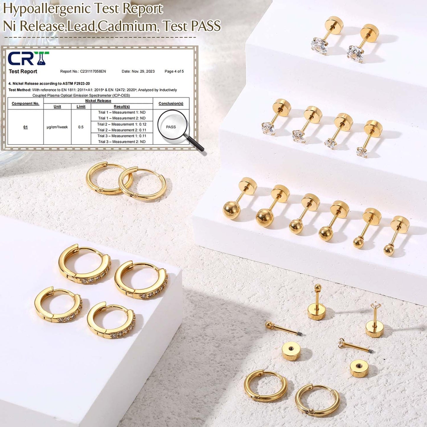 Jstyle 14K Gold Hypoallergenic Surgical Steel Earrings for Sensitive Ears - Flat Back Stud & Hoop Cartilage Earring Set for Women & Men, Multiple Piercing Infinite variety