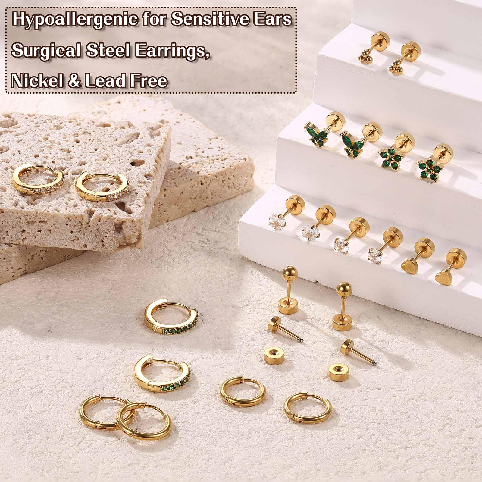 Jstyle 14K Gold Hypoallergenic Surgical Steel Earrings for Sensitive Ears - Flat Back Stud & Hoop Cartilage Earring Set for Women & Men, Multiple Piercing Infinite variety