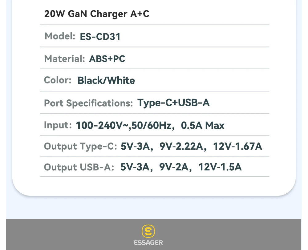 Essager 20W GaN USB Type C Charger PD Fast Charge Phone QC 3.0 Quick Chargers For iPhone 14 13 12 11 Pro Max Mini iPad Charging Infinite variety